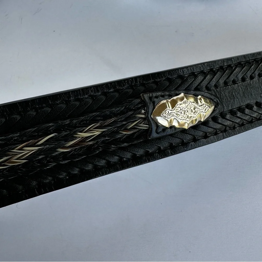 Black Leather Sz 36 Silver Plated Belt‎
